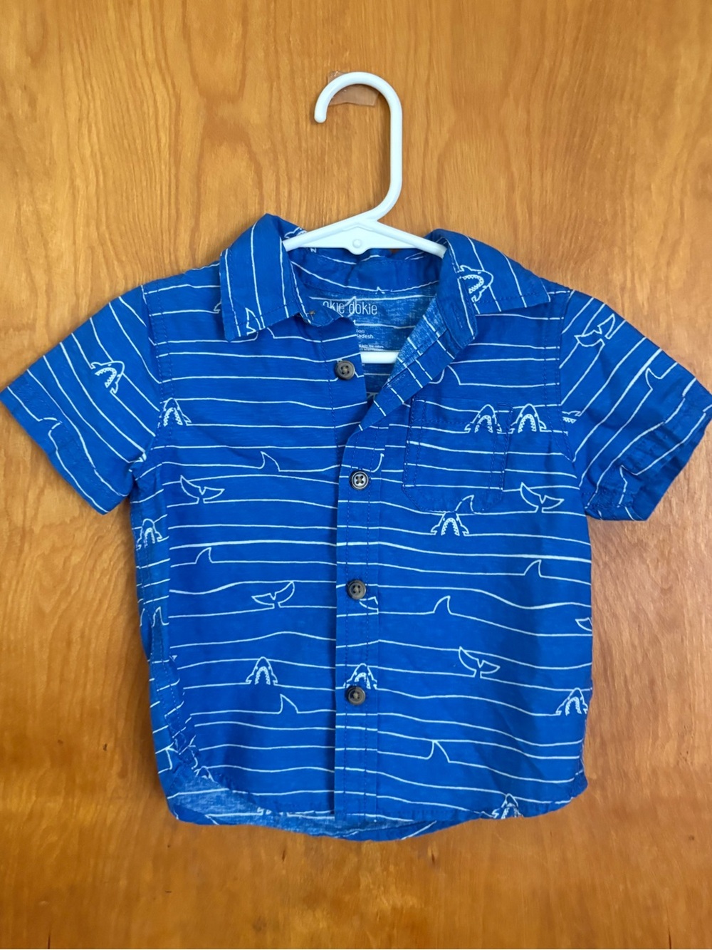 okie dokie Blue Short-Sleeve Shark Button Up Collared Shirt, Baby Boy, 12 month